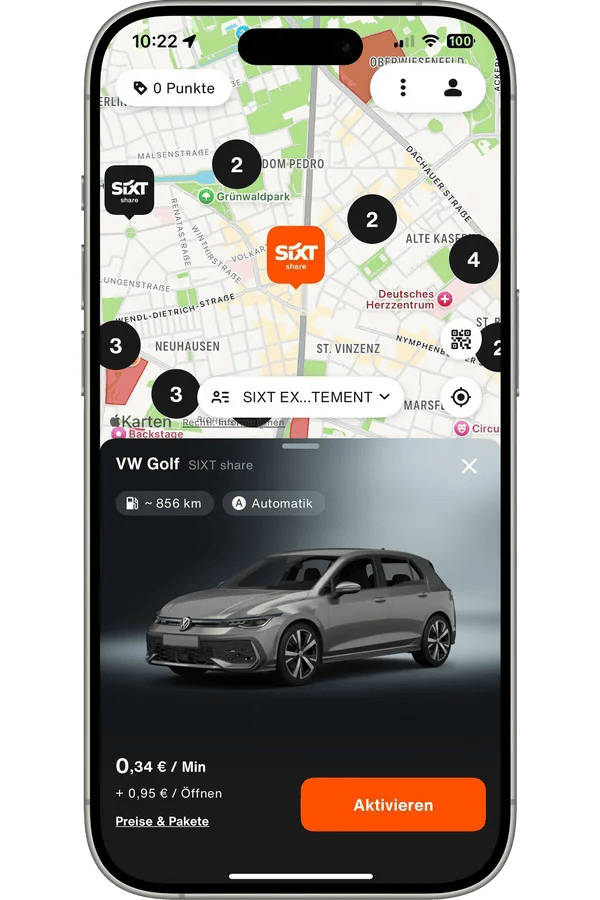 Real device screenshot of the SIXT share app showing the vehicle map and a VW Golf detail sheet